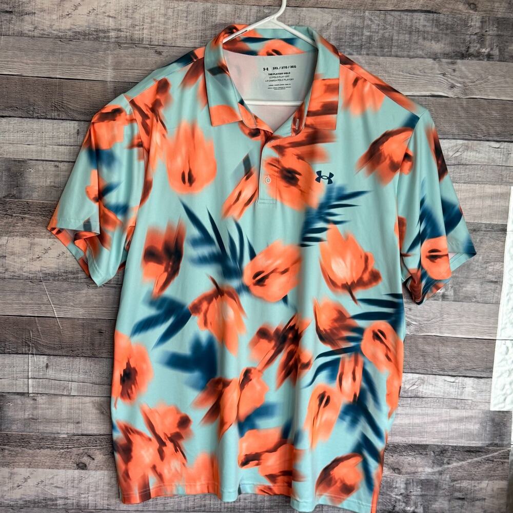 Under Armour Playoff Polo Shirt Mens 3XL Foral Print Blue Stretch Golf